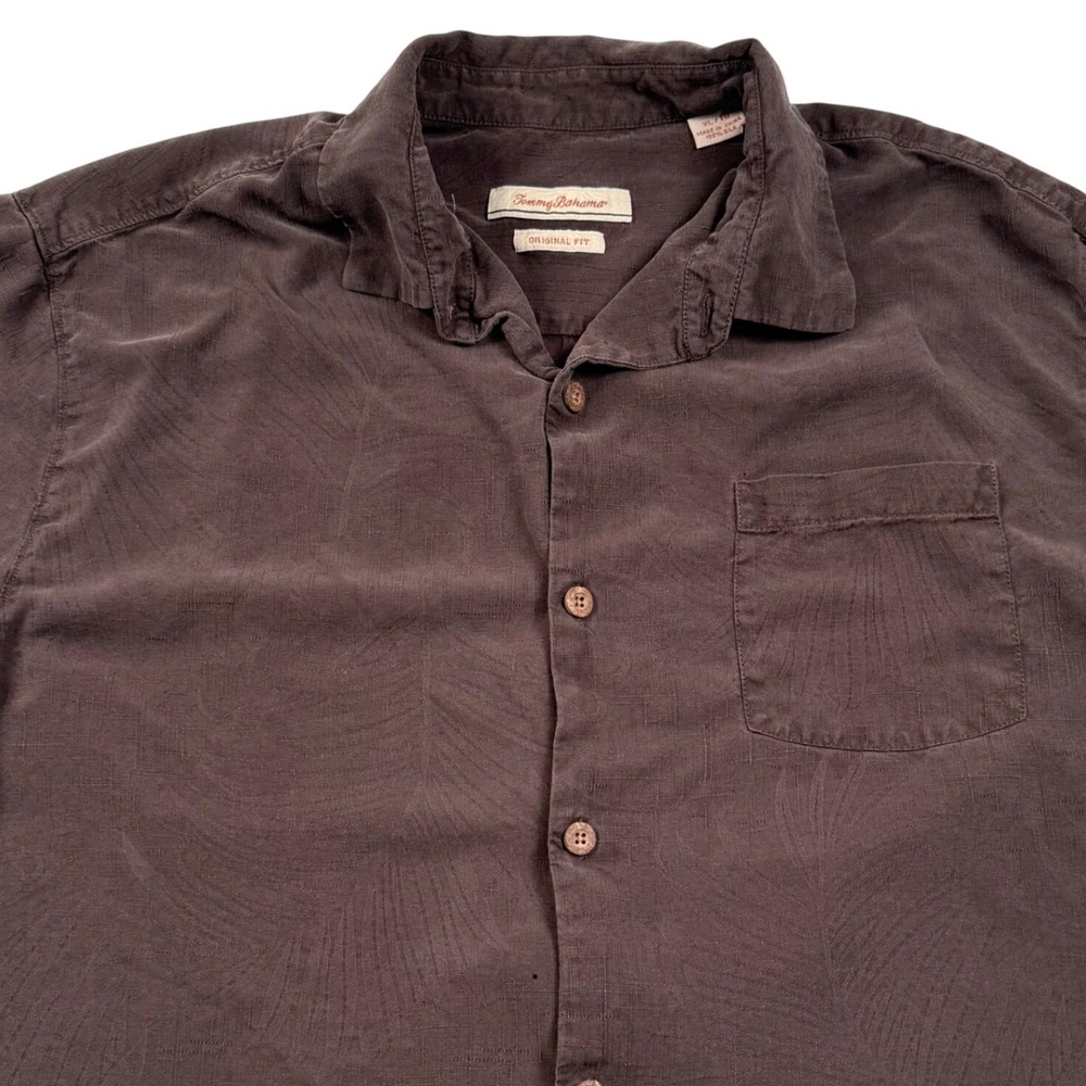 Tommy Bahama Button Down Shirt Mens XL Brown Silk Tonal Palm Leaf Jacquard